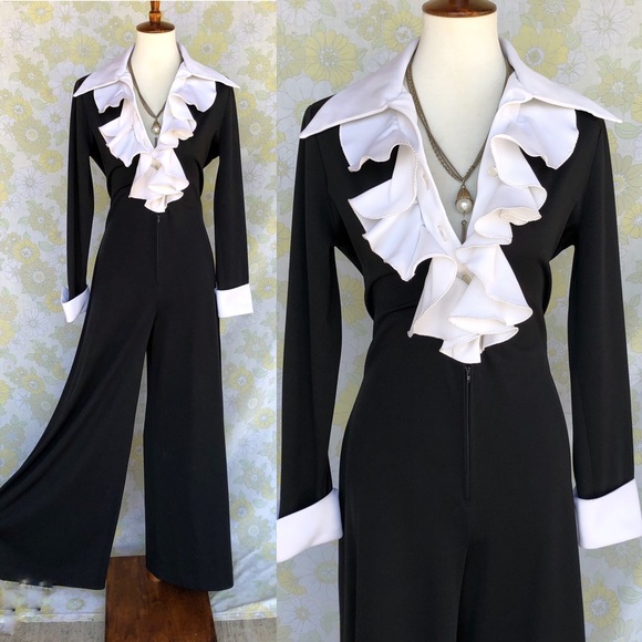 Vintage Pants - SOLD Vintage🌟70s Ruffle Collared Tuxedo Jumpsuit